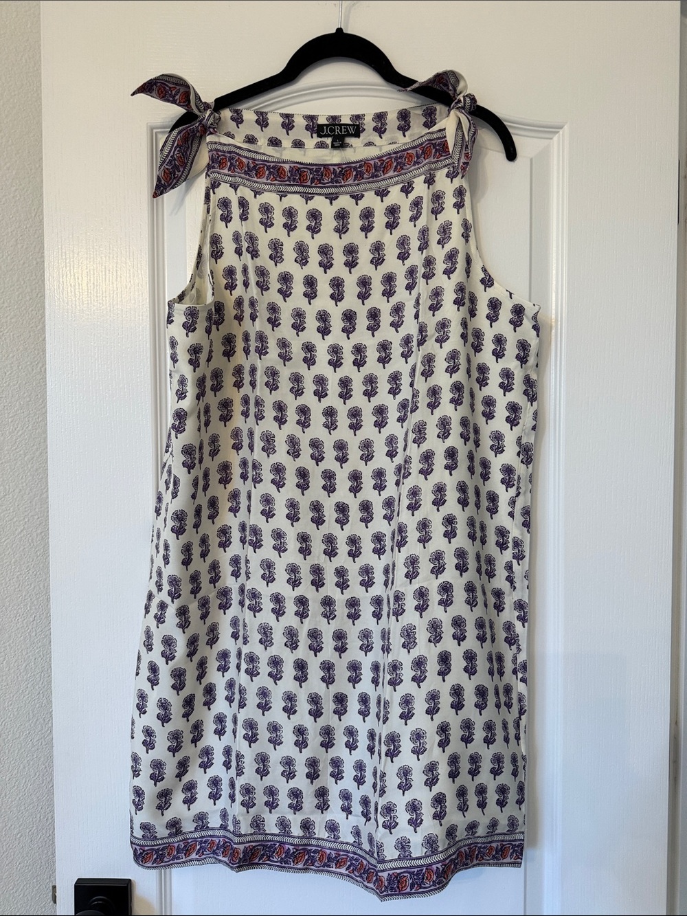 J. Crew Cream and Purple Block Print Tie-Shoulder Mini Dress